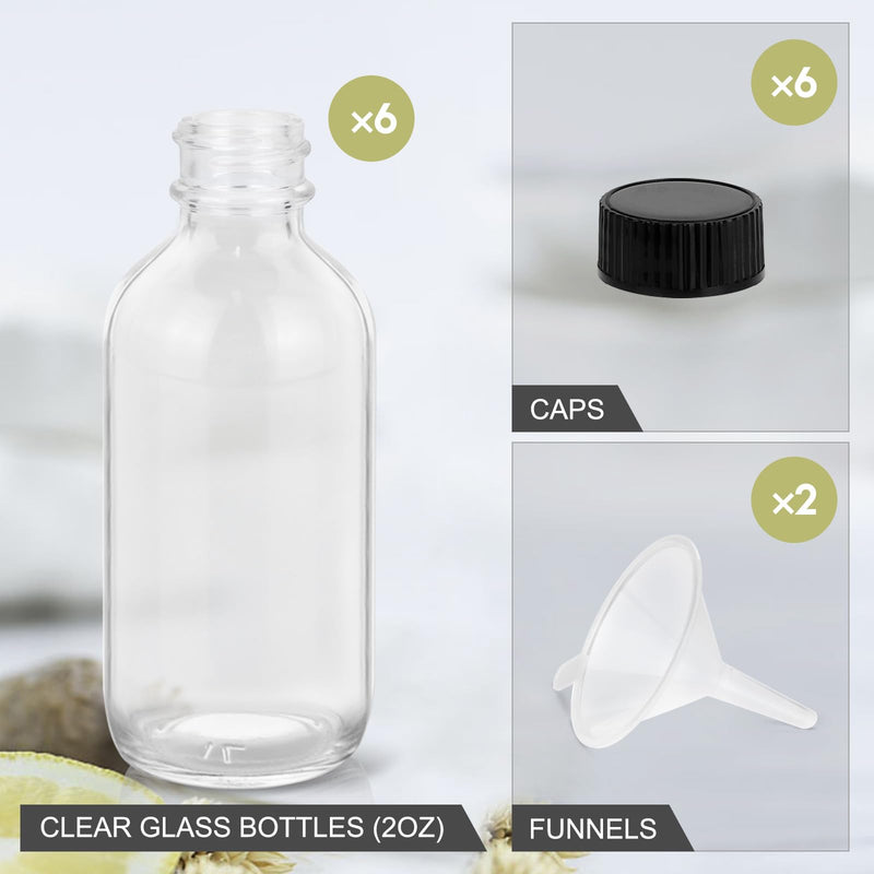 2OZ Small Glass Bottles with Lids and Funnels, 60ml Boston Round Glass Bottles, Perfect for Diy Essential Oils, Perfumes, Whiskey and Juices, 6 Pack Clear