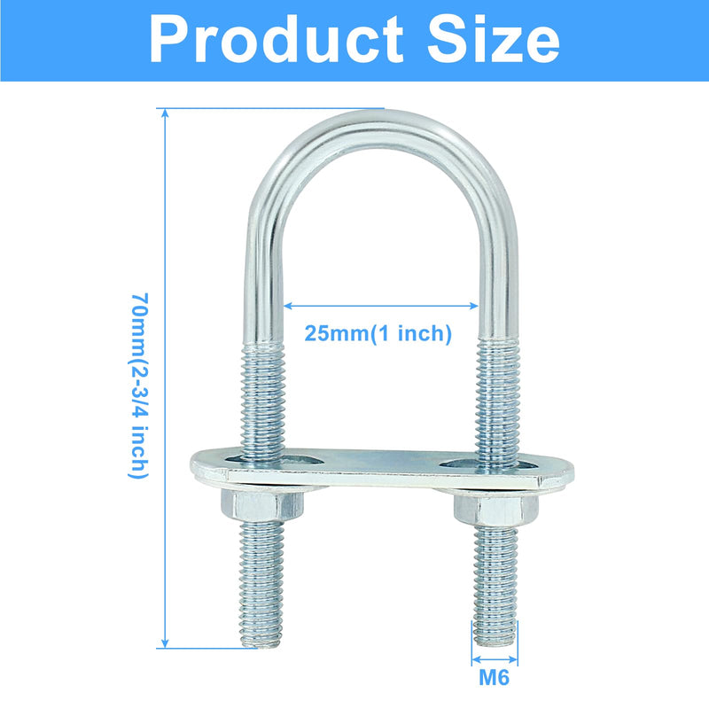 4 Sets M6 U Bolts 1 Inch Wide, Round U-Bolts with Frame Plates, Nuts, and Washer, Zinc Plated Steel U Clamp for Trailers, Boats (25 mm x 70 mm 25 mm x 70 mm