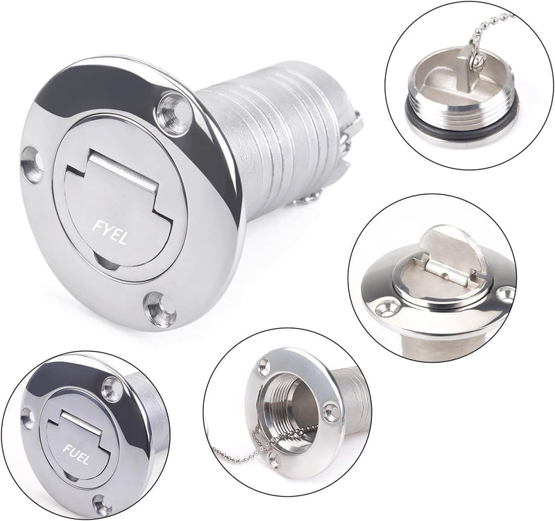 1-1/2"(38mm) Boat Gas/Fuel Deck Fill/Filler 1.5inch Stainless Steel Deck Filler Marine Hardware for Boat, Mirror- Polished with Keyless Cap, for Boat/Yacht/Caravan with, 4 Hose Clamps Fuel 1-1/2''