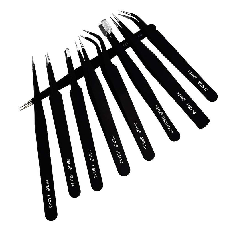 Precision Tweezer Set - FEITA Professional ESD Stainless Steel Anti static Tweezers Kit for Electronic, craft, Jewelry, Watchmakers, Hobby (Black 9 Pcs) Black Tweezers - 9pcs