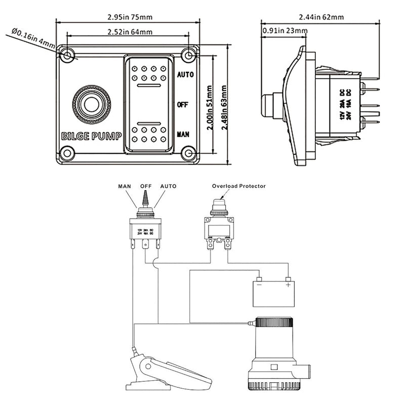Bilge Pump Switch Panel, 3 Way Boat Circuit Control with Auto Off Manual Switch LED Indicator for DC 12V/24V Bilge Pump