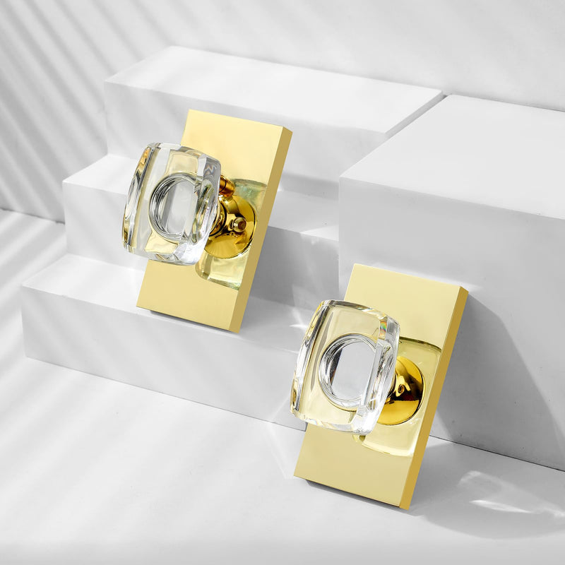 Gold Glass Crystal Door Knobs Interior with Lock, Modern Crystal Glass Privacy Door Knobs for Bedroom and Bathroom, Polished Brass