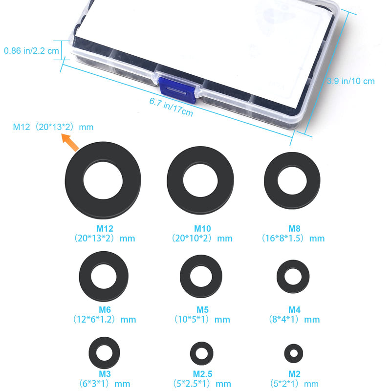 1200 Pcs Nylon Flat Washers for Screws Bolts, Black Plastic Washers, Premium Fender Washers Assortment Set, Assorted Washers Kit (9Sizes-M2 M2.5 M3 M4 M5 M6 M8 M10 M12) for Household & Commercial YLYL 1200 Pcs Nylon Flat Washers