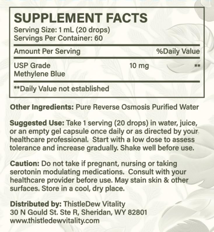 Methylene Blue | 1% USP-Pharmaceutical Grade (10mg/mL) | High Purity Liquid 2 fl oz (60 Servings) | Supports Cellular Energy, Focus, Cognitive Function & Mitochondria