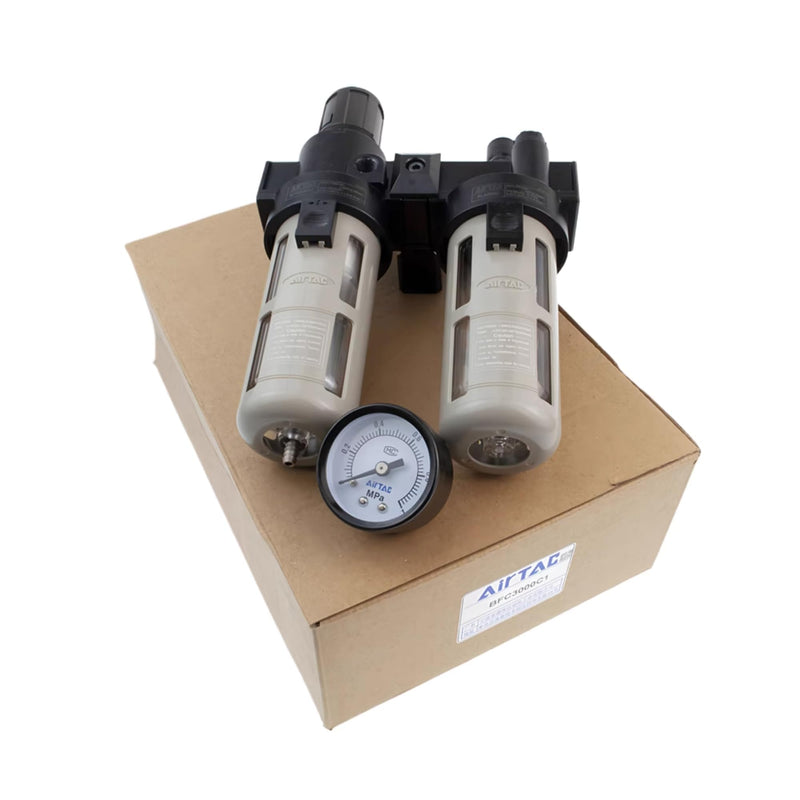 Compressed Air Filter Regulator Lubricator Combo Airtac BFC3000-C 3/8''NPT 0-140 PSI with Pressure Gauge Semi-Auto Drain 3 in 1 Two FR.L Unit BFC3000C 3/8'' NPT