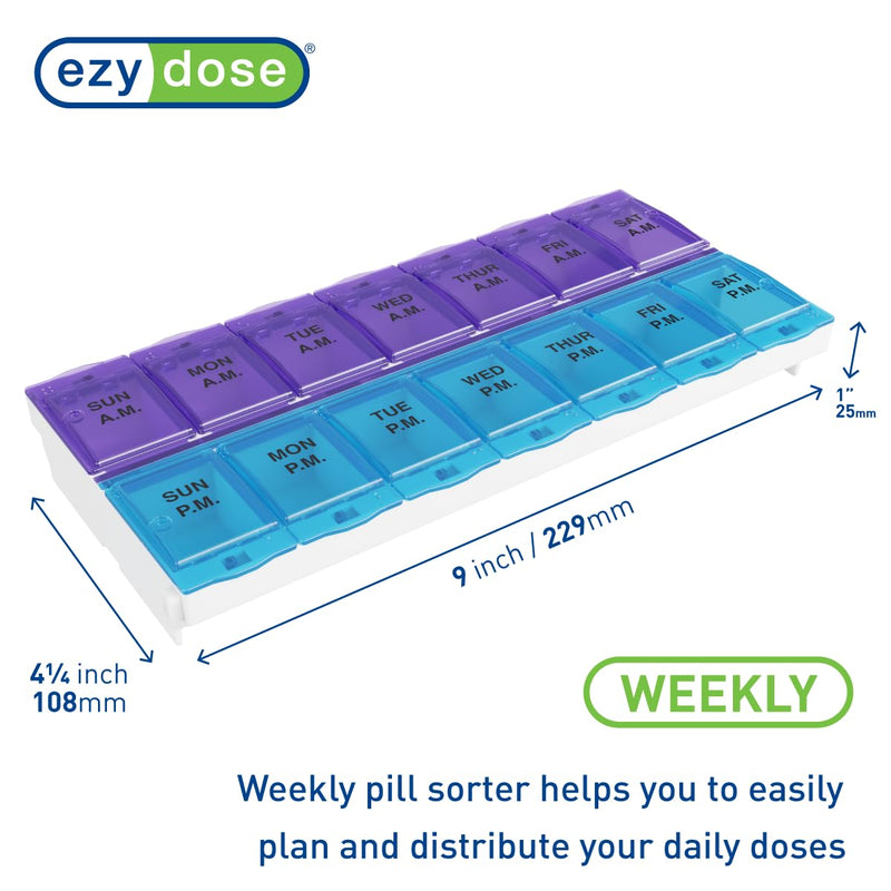 EZY DOSE Pill Organizer Weekly AM/PM (7-Day), Medicine Planner, Vitamin Case/Box, 2X-Large Locking Compartments to Secure Prescription and Prevent Accidental Spilling, Blue and Purple, BPA Free
