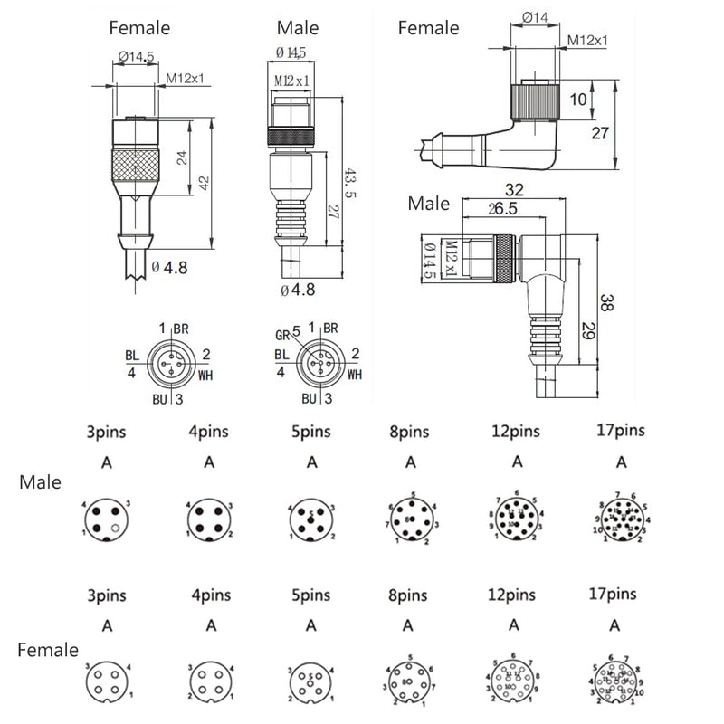 M12 A Coded 8 Pin Female Aviation to Flying Leads Cable Shielded for Actuator Sensor Signal Industrial Controls Automation, Device Network DeviceNet, CANopen, IO Link, Profibus 5m 8 pin female to open