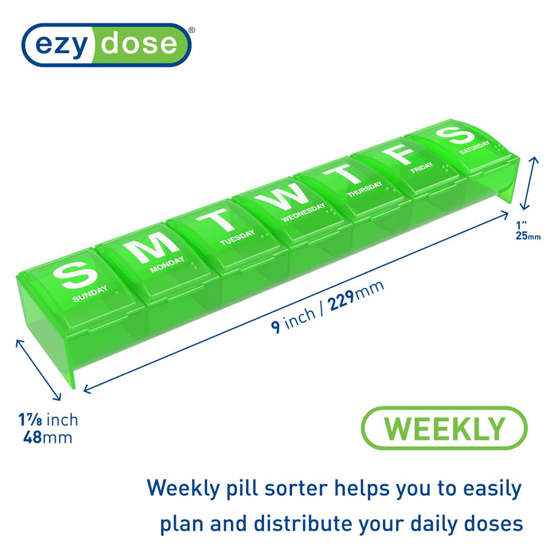 EZY DOSE Weekly (7-Day) Pill Case, Medicine Planner, Vitamin Organizer, 2X-Large Contoured Compartments for Easy Pill Removal, Color May Vary, BPA Free 2X-Large 9"x1.875"x1"