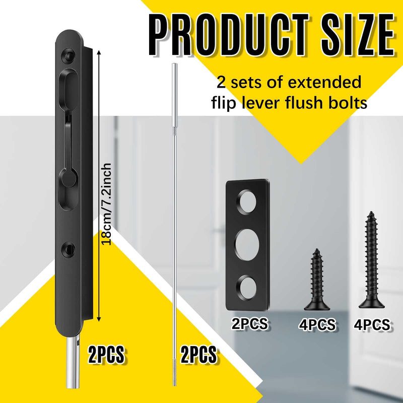 Blulu 2 Pcs 18 Inch Extended Flip Lever Flush Bolt for Double Door, Extra Long Heavy Duty French Door Locks Hardware (Black) Black