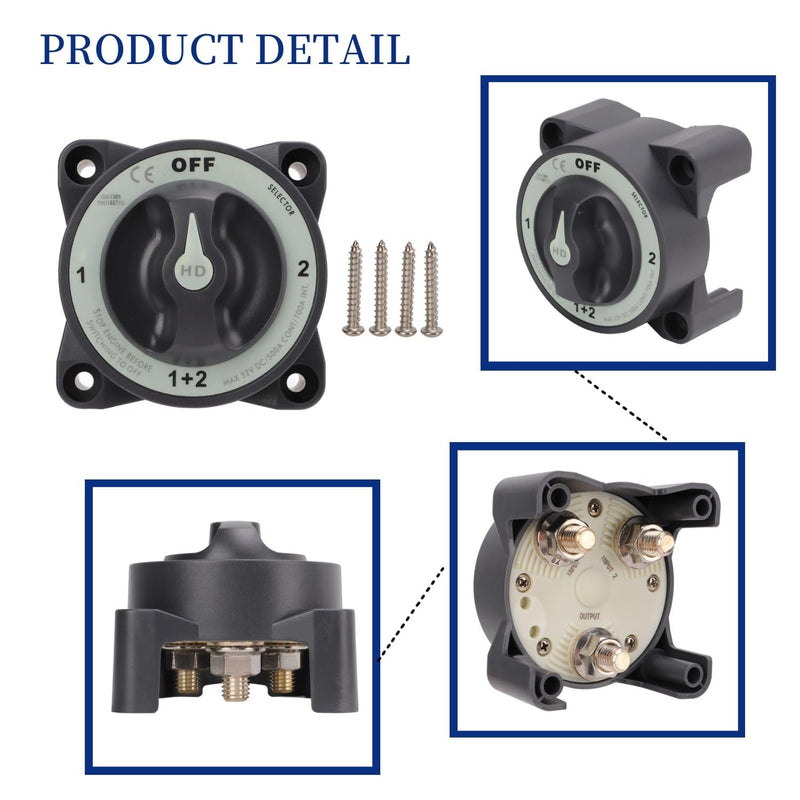 500A Battery Disconnect Switch, HD-Series Heavy Duty ON/OFF Power Disconnect Switch, 32V DC 4 Position OFF-1-1+2-2 Ignition Protected Boat Battery Switch for Marine Car RV Truck