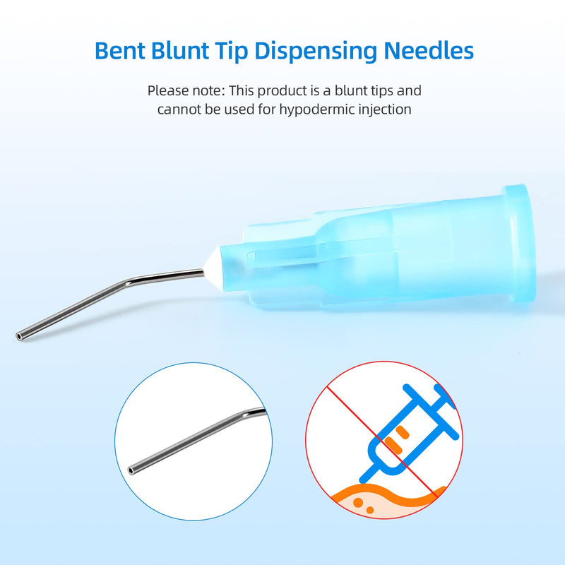 JMU 100Pcs Bent Dispensing Tips 25g, Blunt Tip Dispensing Needle, Dental Pre Bent Flow Dispensing Etch Tips, Disposable Oral Irrigation Needle Tips, Light Blue 100