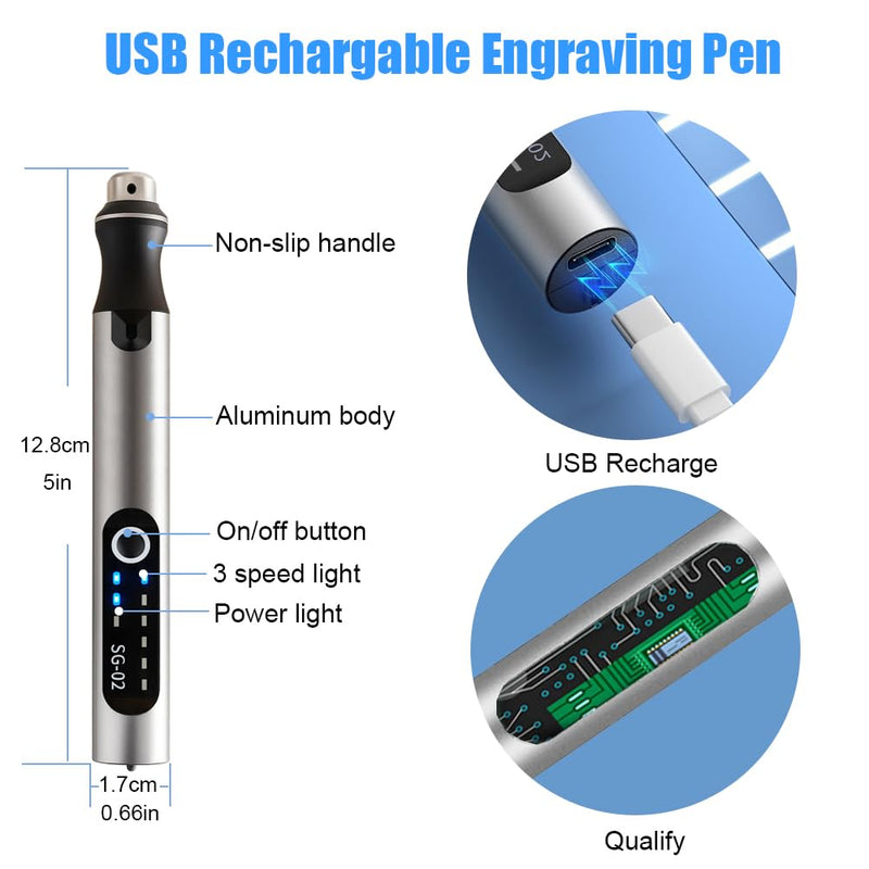 USB Rechargable Engraving Machines Pen with 35bits,Mini Electric Engraver Etching Machines Cordless Rotary Tools Engraved Jewelry Stone Metal Plastic Wood Resin Model Silver