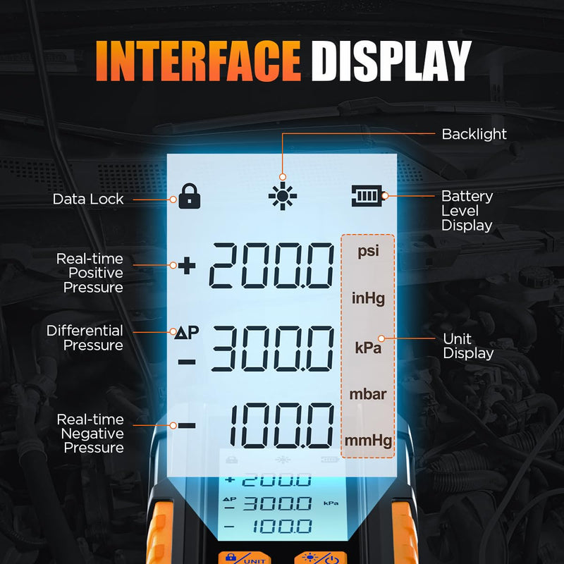 Manometer Gas Pressure Tester -101 to 200KPa Digital Manometers Dual-Port Gas Manometers HVAC with Auto Calibration, Backlight LCD Display, Data Hold Air Pressure Meter