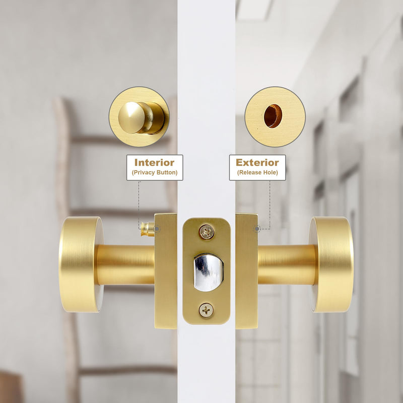 Privacy Gold Door Knobs Interior, Satin Brass Door Knobs Interior with Lock, Heavy Duty Modern Square Brushed Gold Door Handle for Bedroom Bathroom Privacy