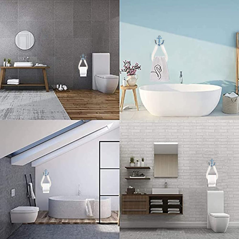 2 Pcs White Nautical Rope Toilet Paper Holder Wall-Mounted Towel Ring Nautical Toilet Paper Holder with Metal Hooks Coastal Towel Rack （Blue+Blue） Blue+blue