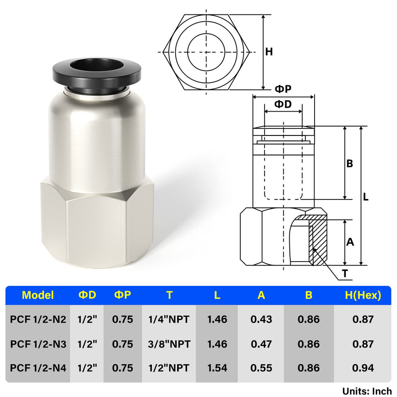 TAILONZ PNEUMATIC Female Straight 1/2 Inch Tube OD x 1/4 Inch NPT Thread Push to Connect Fittings PCF-1/2-N2(Pack of 2) 1/2"OD-1/4"NPT