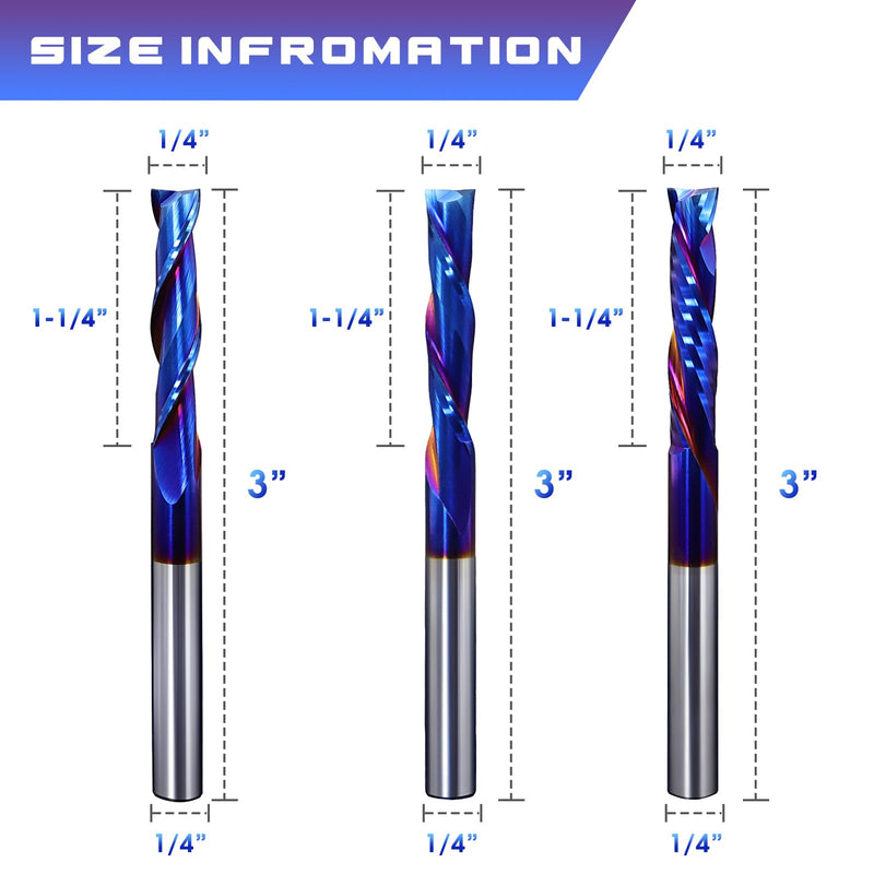 3pcs Spiral Router Bits Set 1/4" Shank 2 Flute Upcut Downcut Compression Bit Solid Carbide CNC Router Bits with Nano Blue Coating End Mill for Wood Cut, Carving, Edge Trimming 1/4" Cutting Dia 3 Pieces