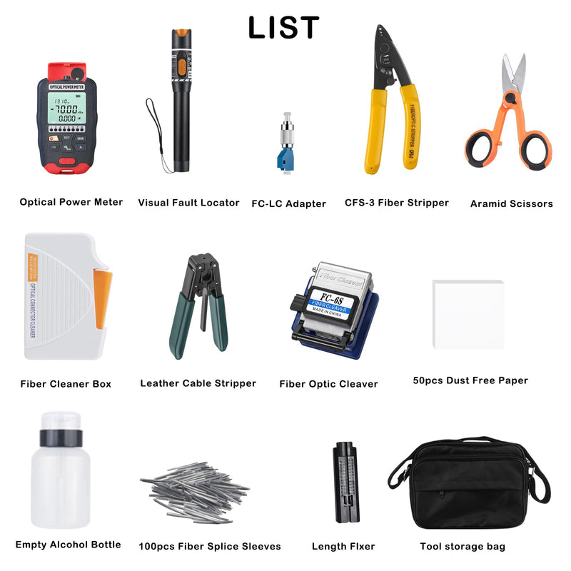 FTTH Fiber Optic Tool Kit 12 in 1 - OPM, VFL, FC-6S Cleaver, Cleaner Box, Cable Strippers, Splice Sleeves