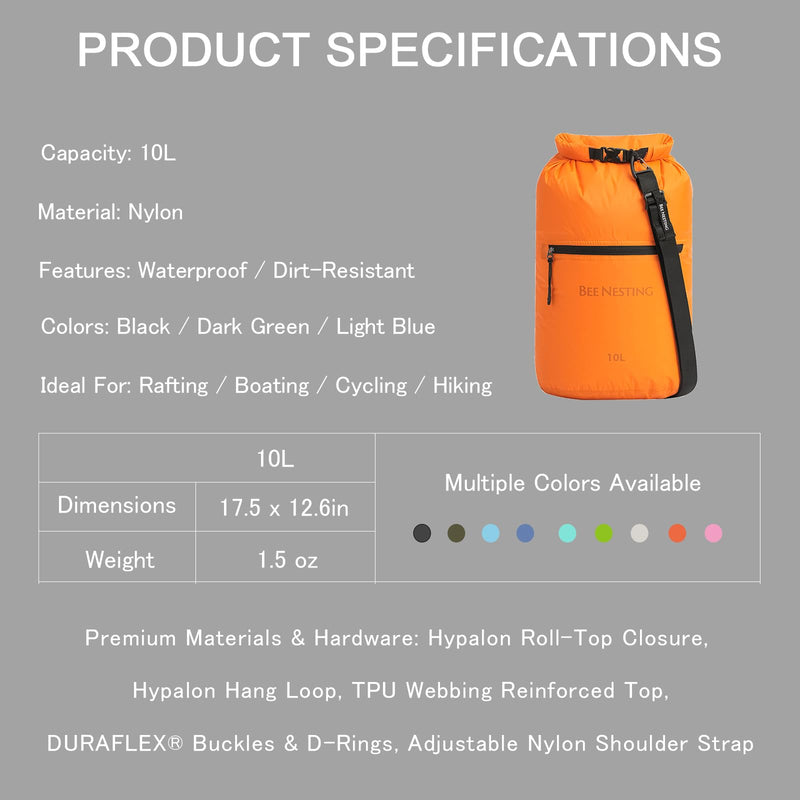 Bee Nesting 10L Waterproof Dry Bag, Wet/Dry Separation Sack with Strap（Orange） Orange