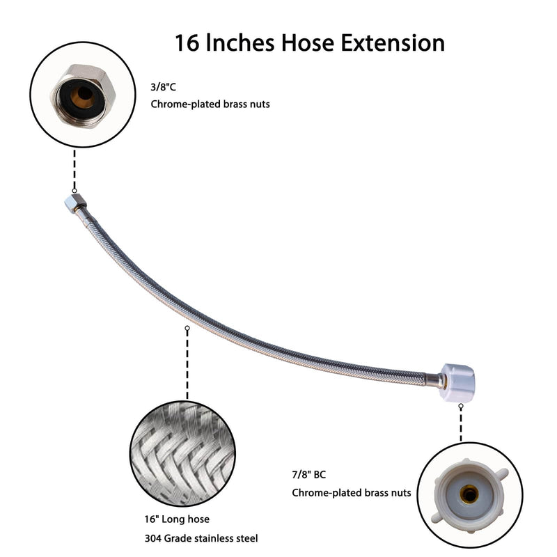 3/8 to 7/8 Toilet Supply Line, Stainless Steel Toilet Connector Hose 16 inch for Tank Toilet Supply Hose Extension replacement 16in