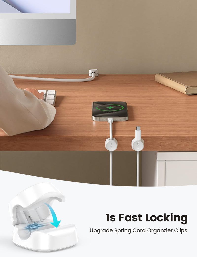8Pack Cord Organizer [1s Lock] Spring Cable Management Clips - Lamicall Desk Cord Holder, Adhesive Cute Round Cable Clip, Phone Charger Wire Organizer Keeper for Nightstand Car Office Accessory, White 8Pack Snow White