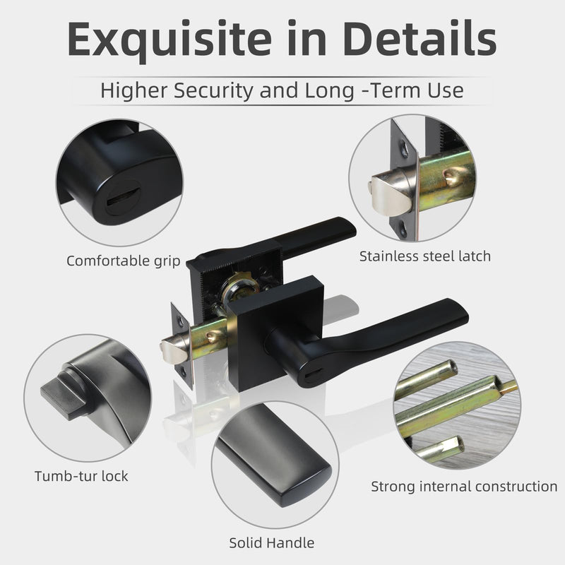 2 Pack Matte Black Door Knob, Interior Privacy Keyless Entry Door Lock, Square Style Reverisble Door Handles, Heavy Duty Door Levers for Bedroom Bathroom Doors 2 Pack Matte Black Tapered Keyless