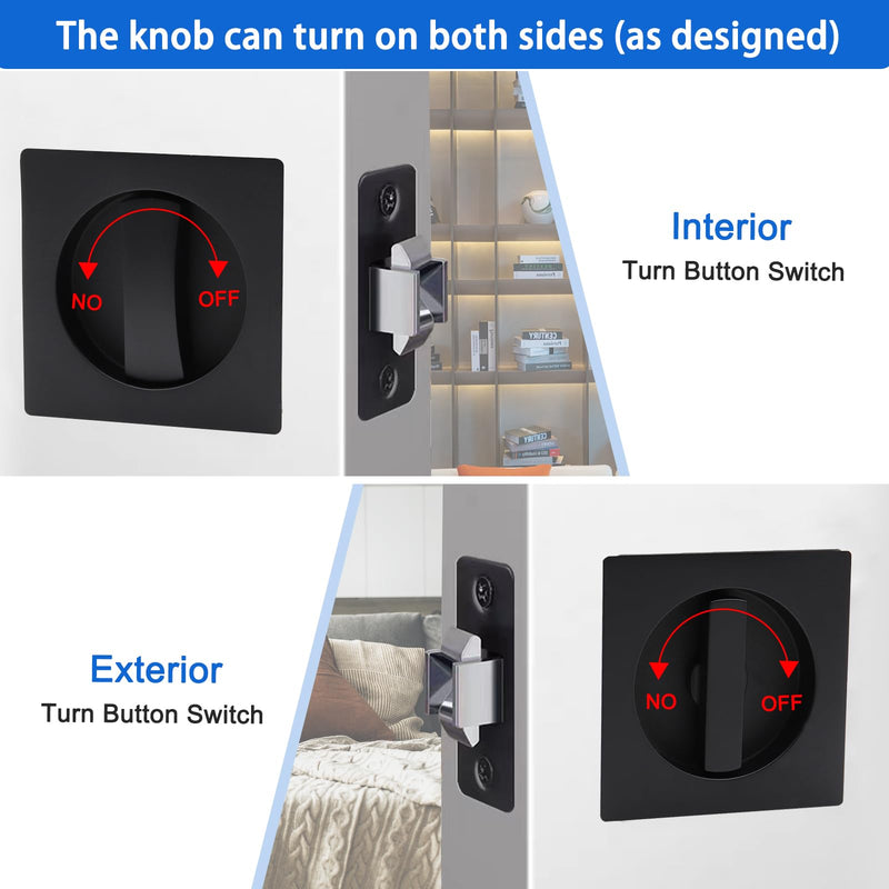 Dontay Pocket Door Passage Lock, Double Sided Rotation,No Key, Privacy (Bed/Bath) Latch, Flush, Large Locking Lever, Hardware for 1 3/8” to 2 3/16” Thickness Door (Matte Black, 1 Pack(Square)) 1 Pack(Square) Matte Black