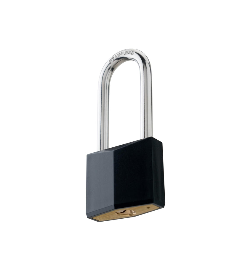 6-Pack Keyed Alike Locks, Black Covered Brass Keyed Padlock with Stainless Steel Long Shackle, 1-9/16 Inch Lock Body, Rustproof Locks for Gate Fence Hasp Cabinet Toolbox Gym or School Locker 6 Pack Long Black
