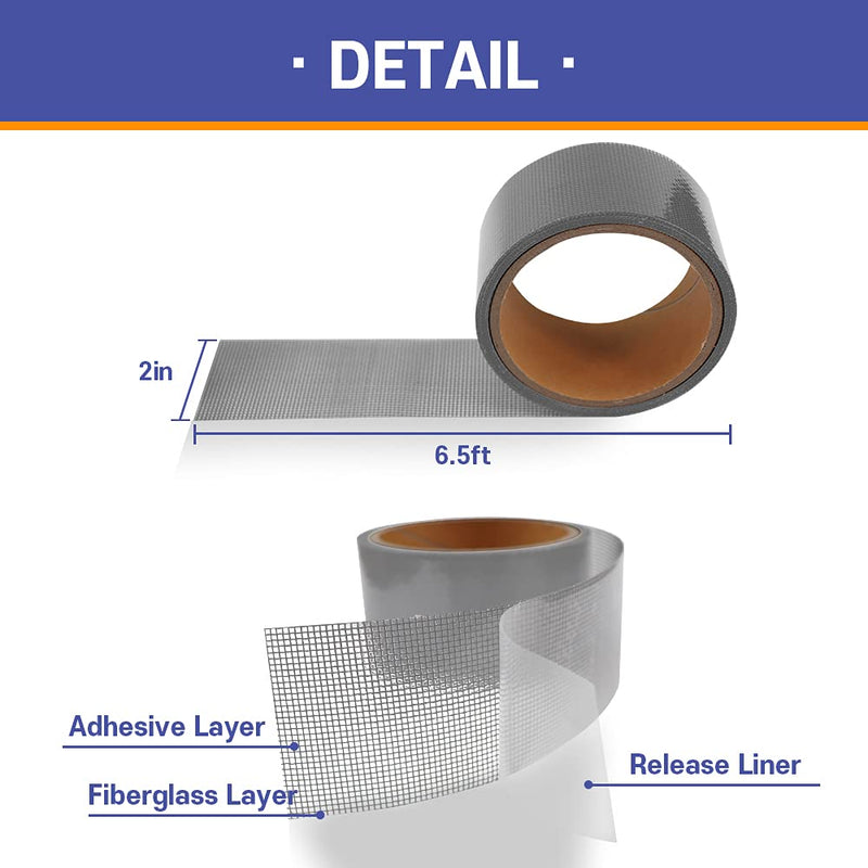 HA SHI Screen Repair Kit for Windows or Doors (2" x 6.5FT, Grey) 3-Layer Strong Adhesive Tape, Made in Korea, Ease-Installation Fiberglass Covering Mesh 2 Inch x 6.5 FT
