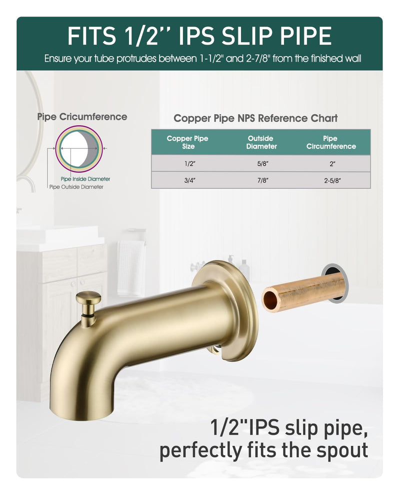 Slip-On Extra Long Tub Spout with Diverter, 1/2 Inch Slip Fit Connection,Brushed Gold Brushed Gold