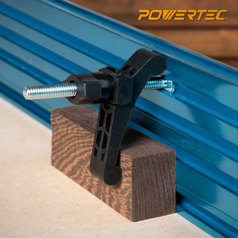 POWERTEC 8PK T-Track Hold Down Clamp with 3-1/2” T Track Bolts for CNC Machine, Table Saw Sled, Drill Press, Work Bench, T Track Accessories for woodworking (71661-P4) 3-3/4” HD Clamp, 8PK