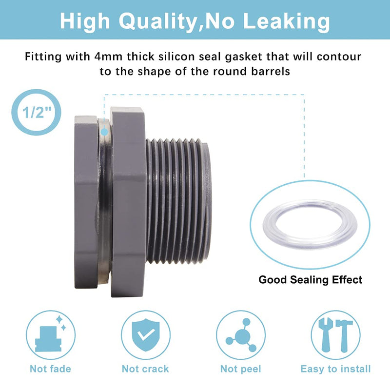 QuQuyi 1/2 Inch PVC Bulkhead Water Tank Connector Adapter Fitting with Plugs Thru-Bulk Pipe Fitting for Rain Barrels, Aquariums, Ponds(Set of 3) 1/2"-3pcs