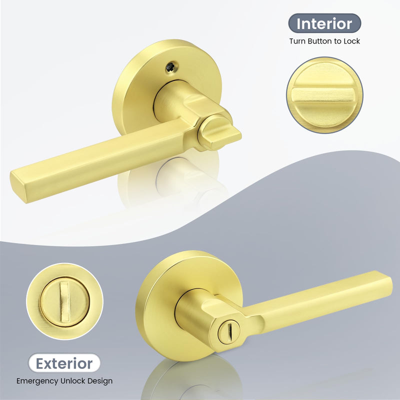 1 Pack Gold Interior Door Handle with Lock,Privacy Door Lever for Bedroom or Bathroom,Keyless Round Door Lock Interior for Left and Right Hand Reversible