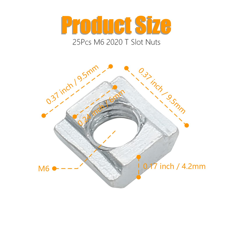 25Pcs M6 Slide in T Nut 2020 Aluminum Extrusion T Nuts, M6 Sliding T Nuts Tee Slot Nuts for 3D Printer, CNC Router, 2020 Series Aluminum Extrusion Profile with Slot 6mm 25 Pack 2020 Series M6