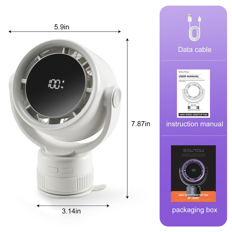 Desk Fan - 120° Oscillating Portable Table Fan, Rechargeable Wall Mount Air Circulator with Twist-Lock Suction Cup for Kitchen, Bathroom, Office and Travel, White