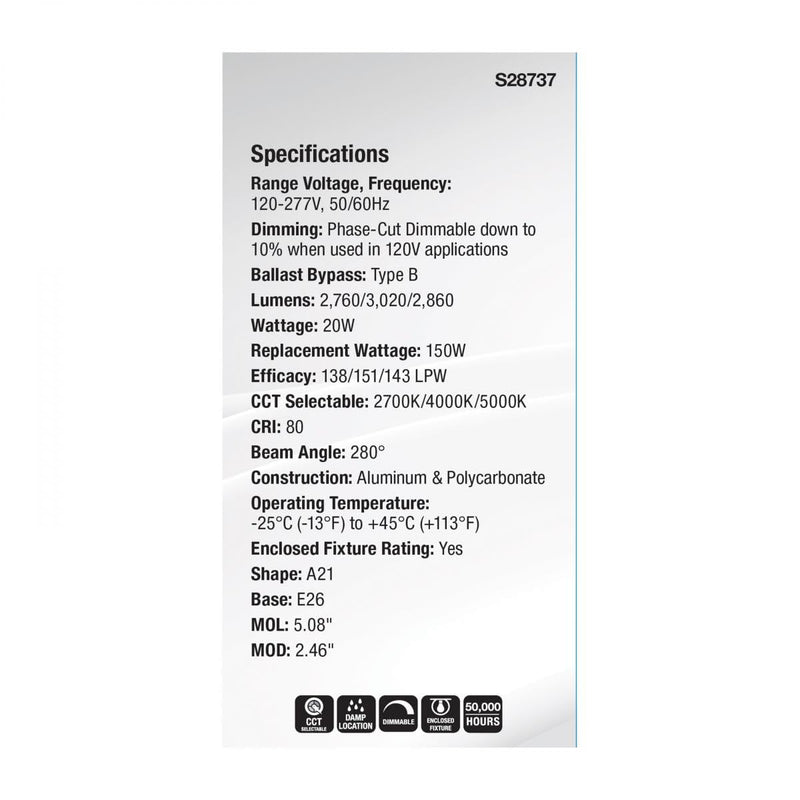 Satco 2 Pack 20 Watt LED A21 Light Bulbs S28737, High Lumen Output, 2700K/4000K/5000K CCT Selectable, E26 Medium Base, White Finish, 120V-277V, Ideal for Wide Areas, Commercial, Residential