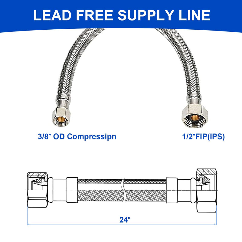 Universal Flexible Faucet Hose Connector, 24-Inch x 3/8" Comp x 1/2" FIP, Premium Braided Stainless Steel Faucet Water Supply Line for Kitchen Bathroom Sink Faucet (2-Pack) 24 Inch