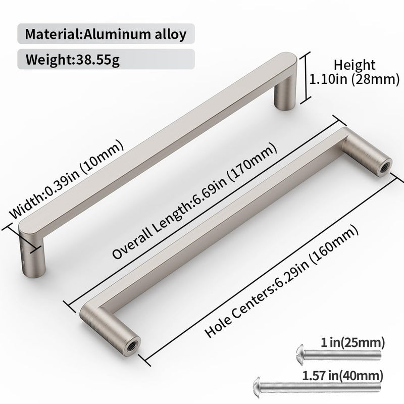 5 Pack 160mm(6.3 Inch) Edge Brush Nickel Hidden Drawer Door Cabinet Handle Aluminum Alloy Finger Bar Pull Concealed Furniture Hardware Back Mount Dresser Handles for Kitchen Bathroom Brushed Nickel 160