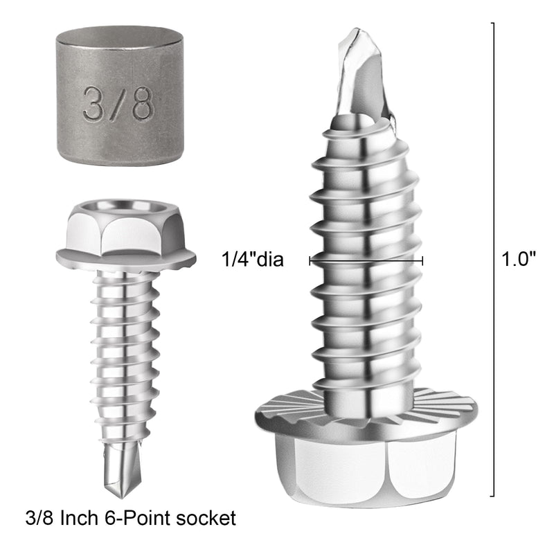 # 14 Serrated Hex Washer Head Self Drilling Screws # 2 Drill Point, 1/4"-20 Thread Size Self Tapping Screws, Garage Door Hinge and Bracket Bolts 3/8 x 1 (Qty 50)