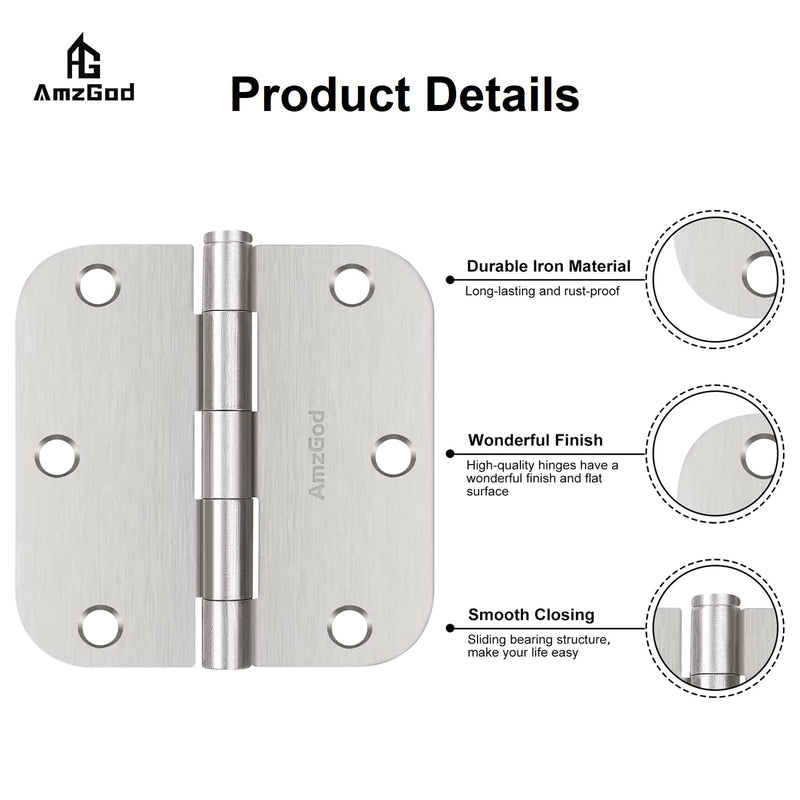 Door Hinges Brushed Nickel - 3 Pack Nickel Door Hinges 3.5 Inch Rounded Interior Satin Nickel Door Hinges with 5/8" Radius - Flat Iron Residential Standard 3 1/2 Inches Silver Door Hardware