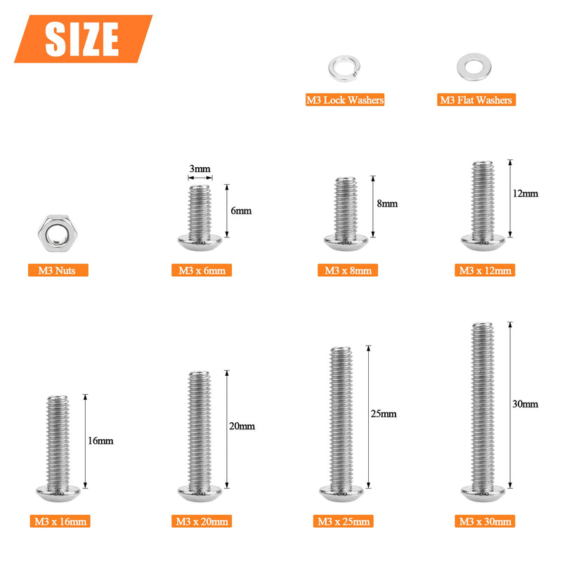 540 Pieces M3 x 6mm /8mm /12mm /16mm /20mm /25mm /30mm, Button Head Socket Cap Screws Bolts Washers Nuts Kit, 304 Stainless Steel Button Head Screws