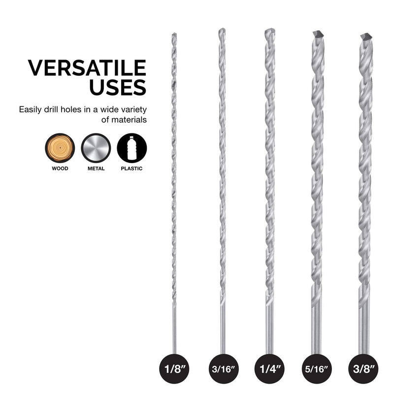 NEIKO 10047A Extra Long Drill Bit Set | 5-Piece | M2 HSS Steel | 12-Inch Length | 1/8, 3/16, 1/4, 5/16, and 3/8-Inch 5 Piece