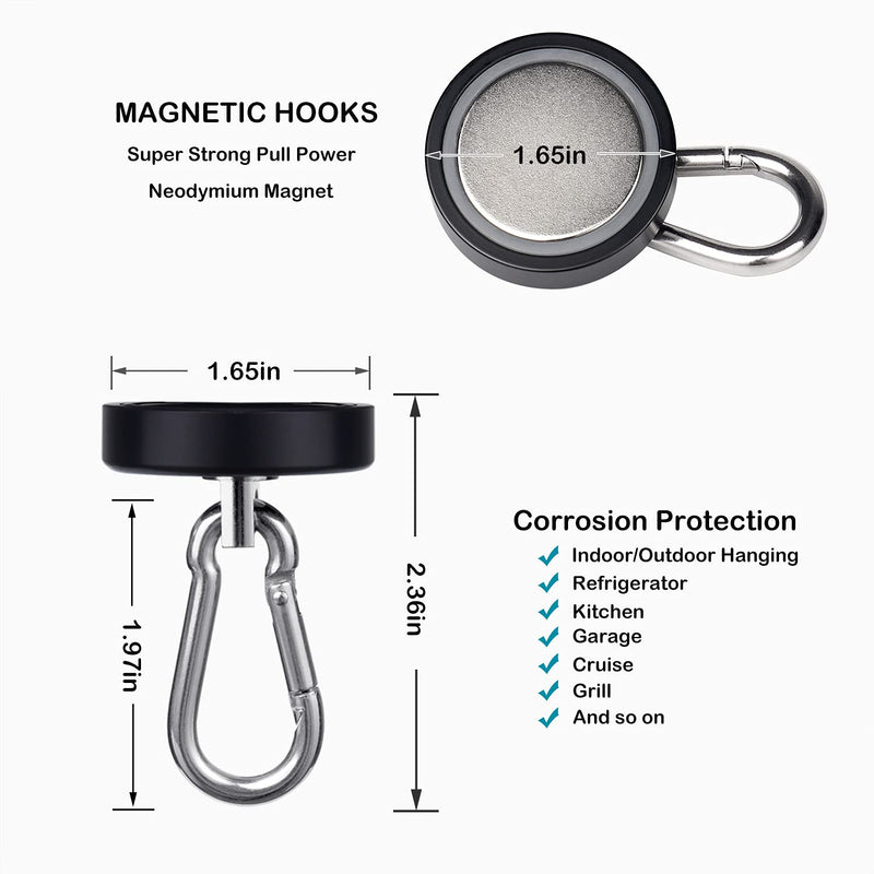 Magnetic Hooks 170lbs Heavy Duty Black Magnet Hooks with Swiveling Carabiner for Hanging Refrigerator Strong Large Neodymium Magnet (170LBS-2PACK-BLACK) 170LBS-2PACK