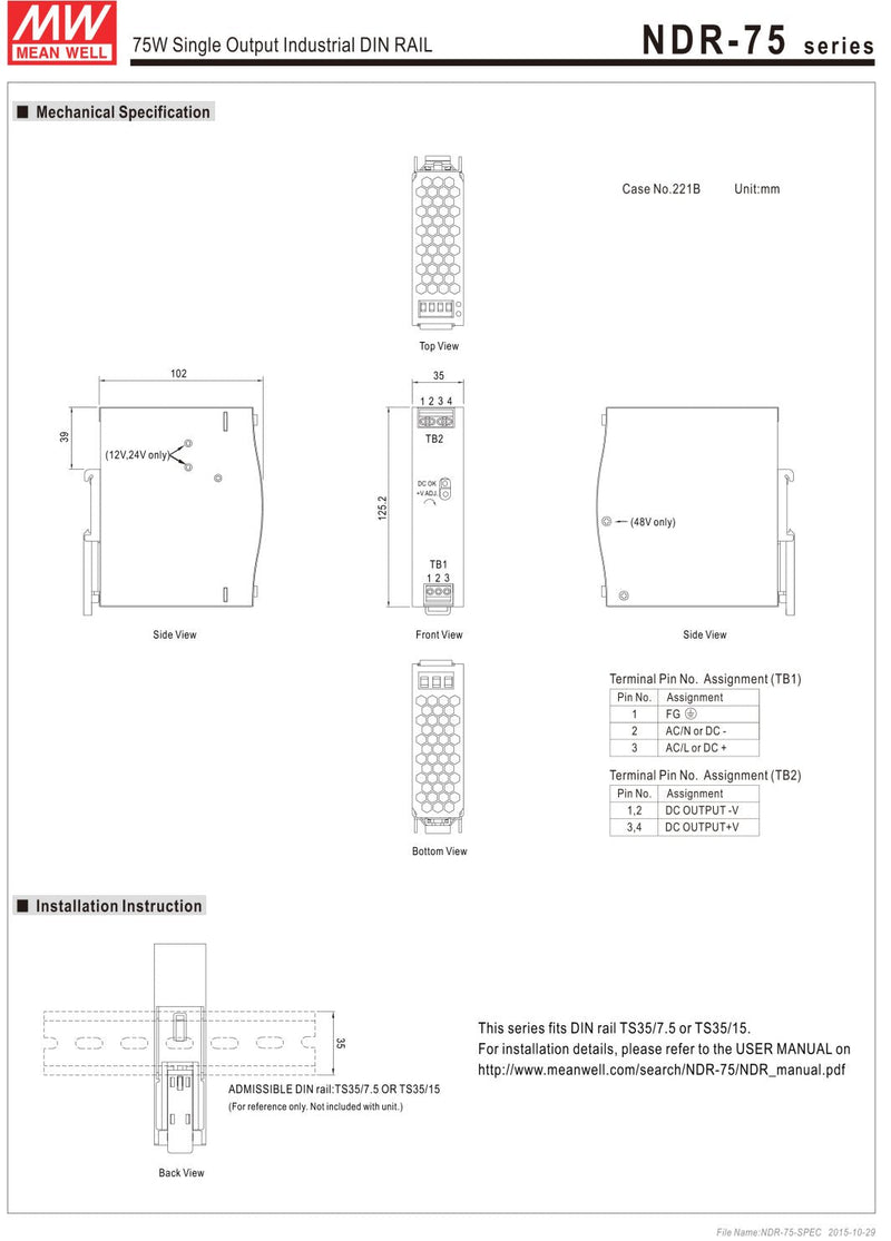 MEAN WELL original NDR-75-12 12V 6.3A meanwell NDR-75 12V 75.6W Single Output Industrial DIN Rail Power Supply