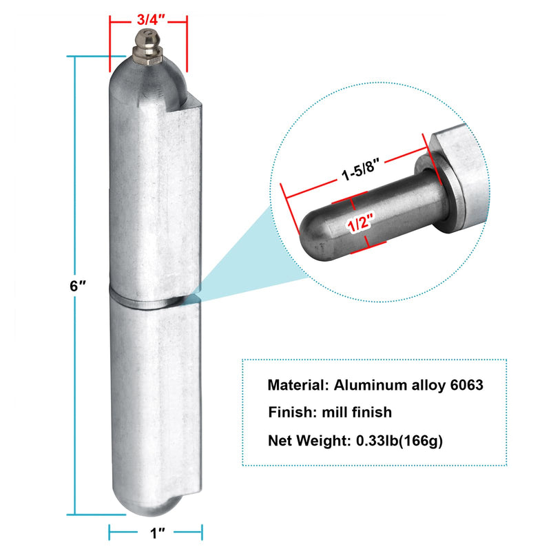 4 Pack 6" x 3/4" Aluminum Weld On Bullet Hinges, Weldable Barrel Hinges | Grease Zerk, for Trailer Gate 6" x 3/4" 4