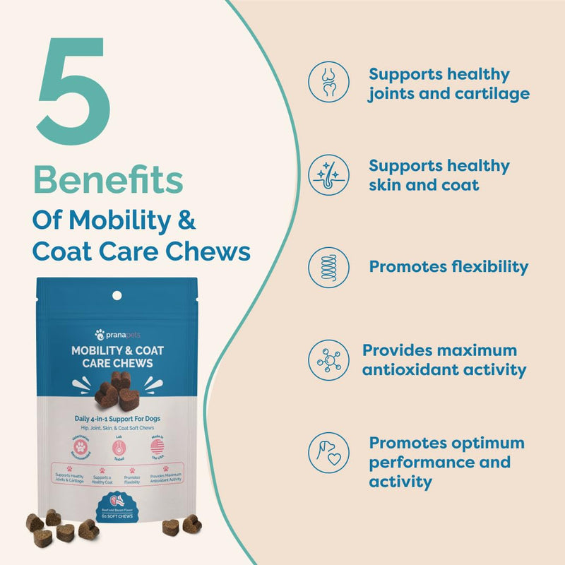 PranaPets Mobility & Coat Care Chews for Dogs & Puppies | Joint Supplement | Skin & Coat Health | Beef & Bacon Flavor