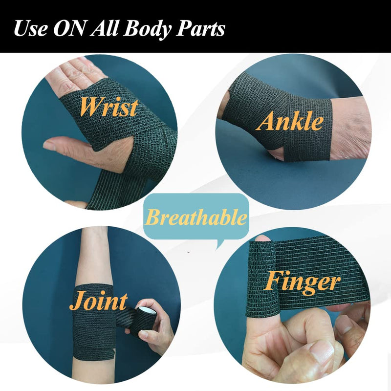 Self Adhesive Bandage Wrap,2 Inch Black Breathable Elastic Cohesive Bandages, Vet Wrap Sports Tape Bulk for First Aid Supplies, Wrist Sprains Protection Black Self Adhesive Bandage Wrap
