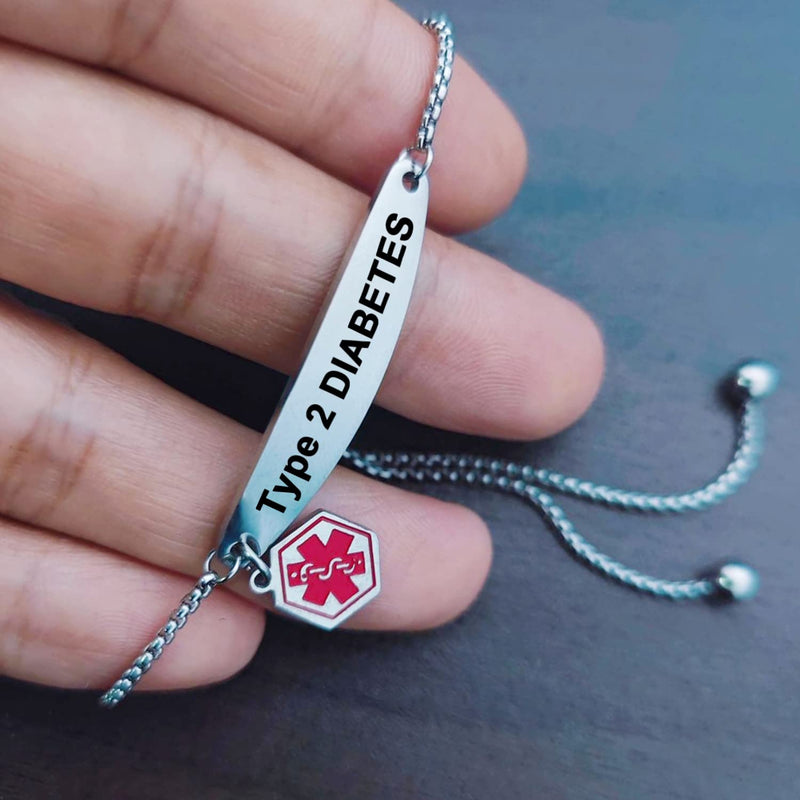 Medical Alert Bracelets for Women,Medical Id Bracelets with Free Laser Engraving,Stainless Steel Adjustable Wristband Bracelets Dual-Side Engraving Type 2 DIABETES
