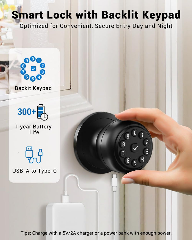 Keypad Smart Door Knob Lock, Keyless Entry Door Lock with Handle - Auto Lock for Front Door - Electrionic Code Door Lock for Bedrooms, Home Office, Garage, Apartment - Easy Installation Matte Black
