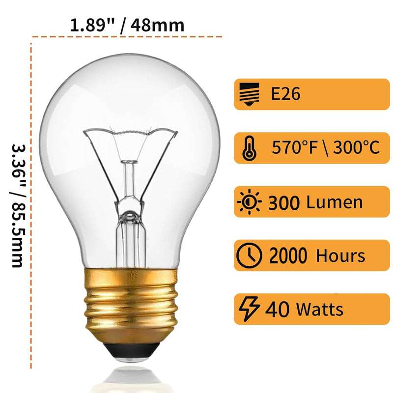 Appliance Oven Light Bulb, High Temp 300 °C Resistant,（2 Pack） A15/E26/120V/40 Watt Appliance Replacement Bulb for Refrigerator Over Stove Microwave Range Hood,Warm White